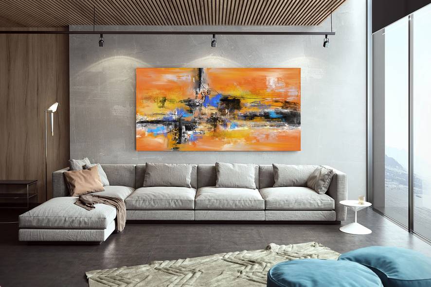 Blue Hand-painted Black Palette Yellow Abstract Canvas Artwork 4GIE7